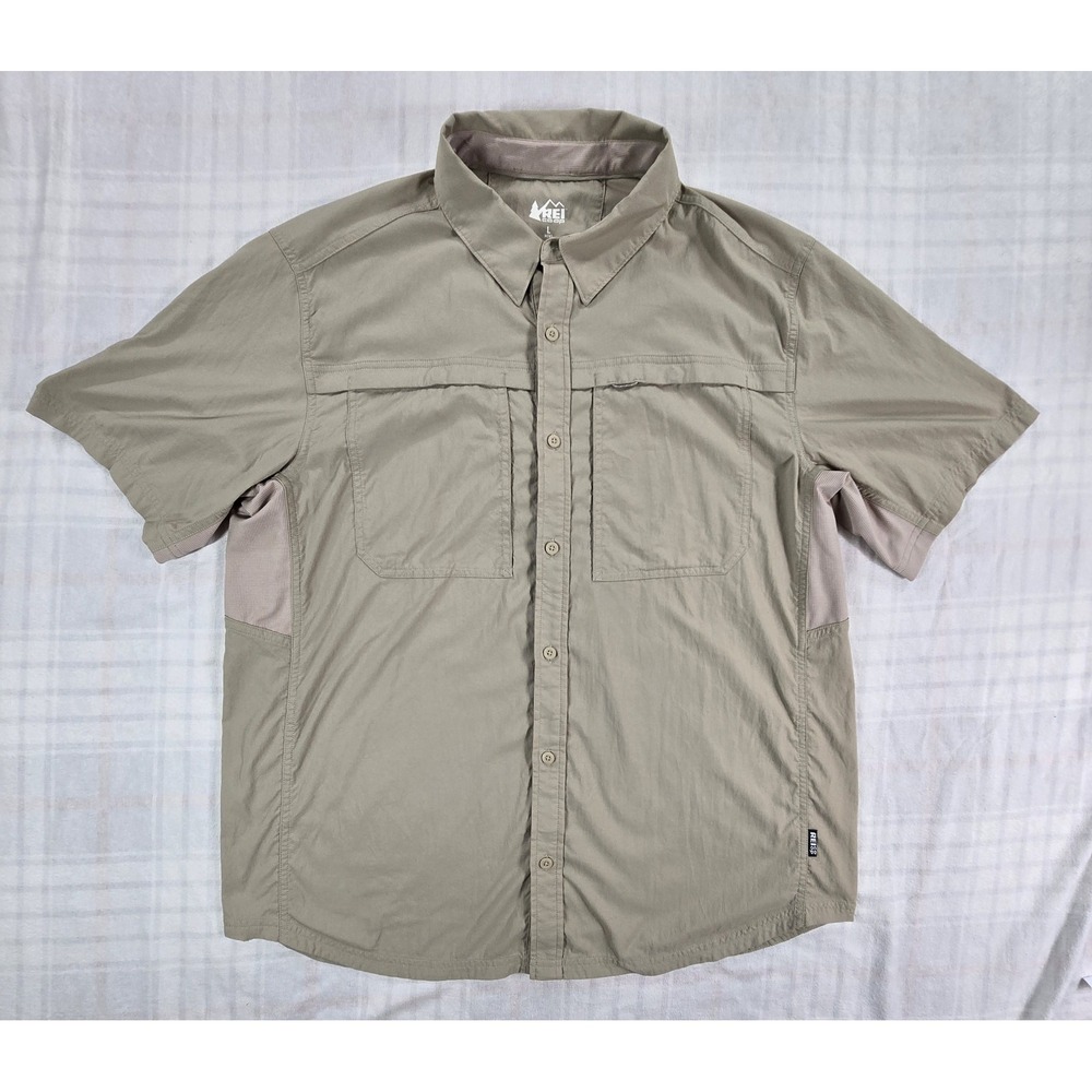 REI Co-op Sahara Button Down Shirt Khaki Brown Outdoor Hiking Tech Mens L